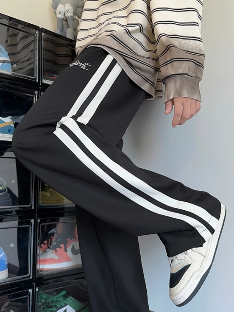 

Модные молодежные спортивные брюки для мужчин: свободные прямые брюки с широкими штанинами, в стиле пэчворк, с полосками, длинные, повседневные, свободного кроя, прямые леггинсы