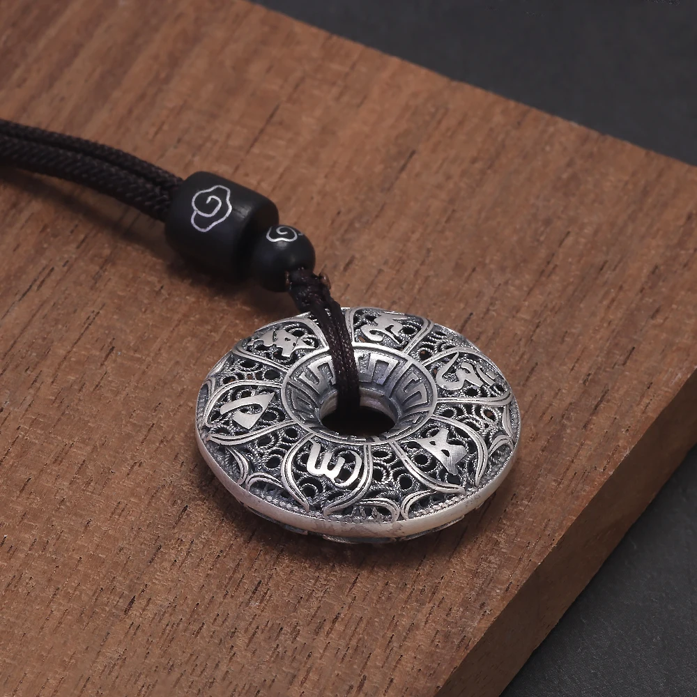 925 스털링 실버 육자진언 목걸이 남성용 원형 펜던트 브라운 로프 빈티지 종교 장신구