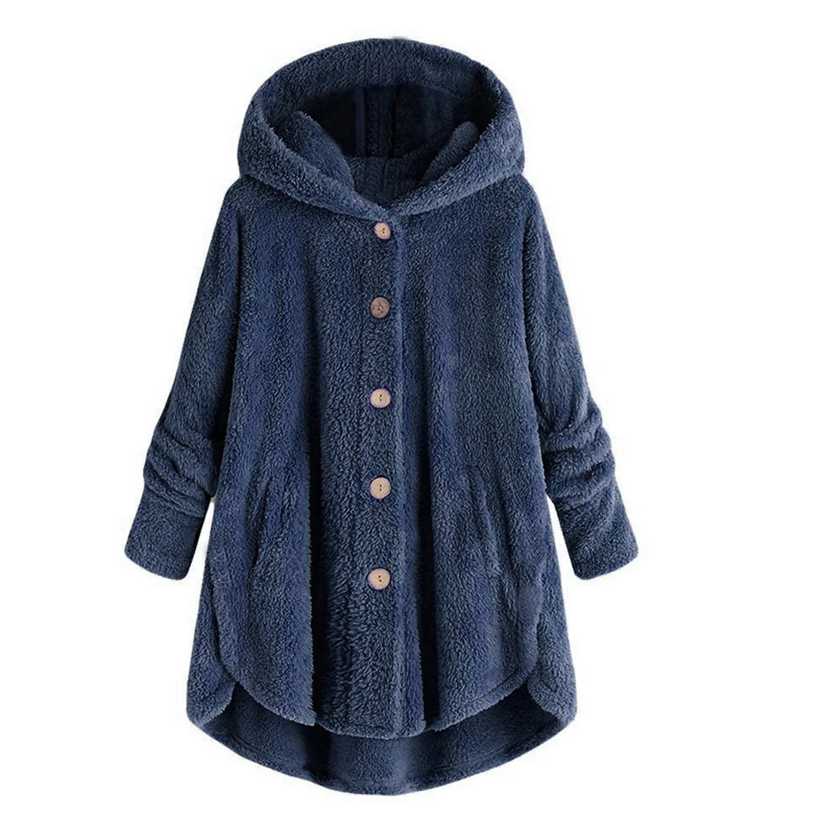 Women\'s Cardigan Button Plush Hooded Loose Long Cardigan Autumn and Winter Models Thickened Warm Solid Colour Plush Jacket Tops