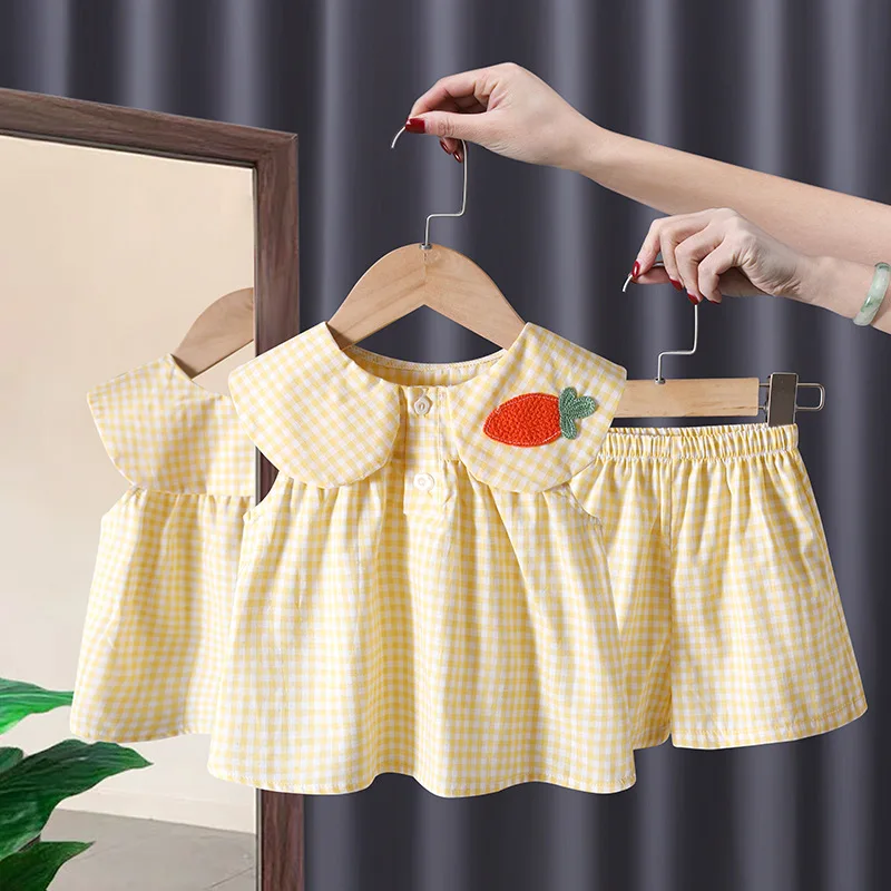 

Girls Princess Sets Summer Cotton Grid Brim Child Fruit 2pcs Suits Leisure Baby Kids Children's Clothing