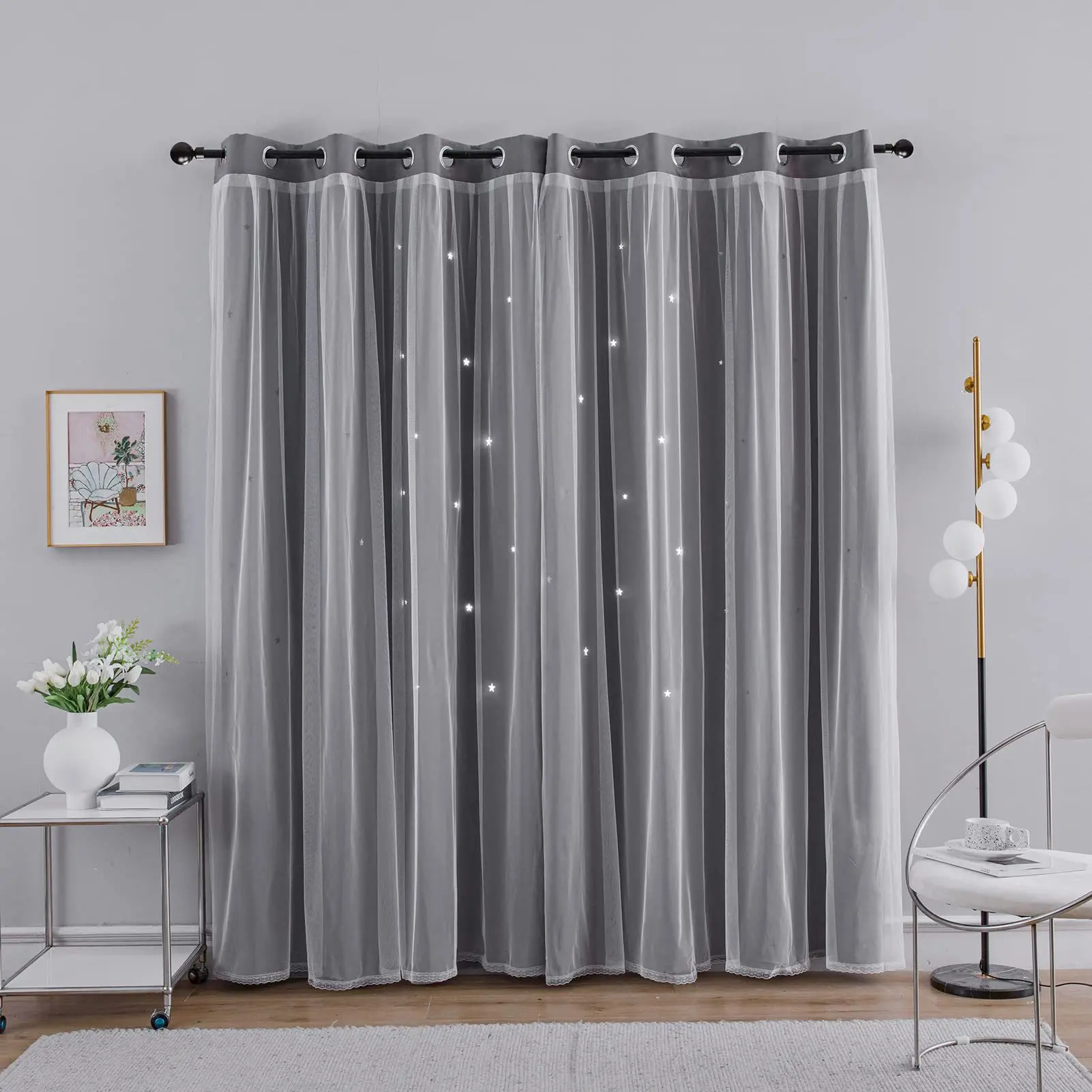 Double Layer 100% Blackout Curtains with Star Hollow Design for Bedroom Rod Pocket Grommet Top Thermal Window Drapes