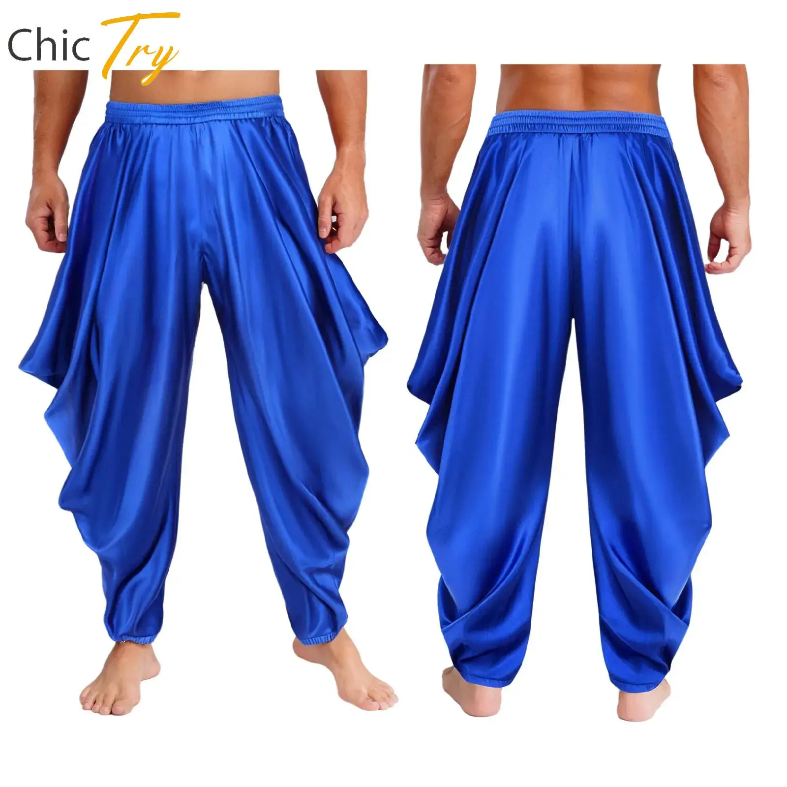 

Mens Adult Arabic Arabian Prince Cosplay Costume Harem Pants Stretchy Satiny Loose Trousers Halloween Stage Performance Costumes