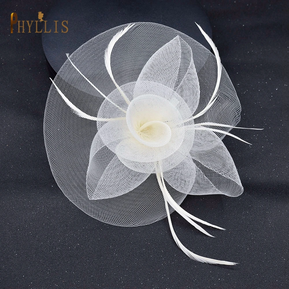 JM14 Elegant Fascinator Hats Female Church Occasion Headwear Wedding Hair Clips Bridal Hat Party Bridal Mesh Veil Hairband