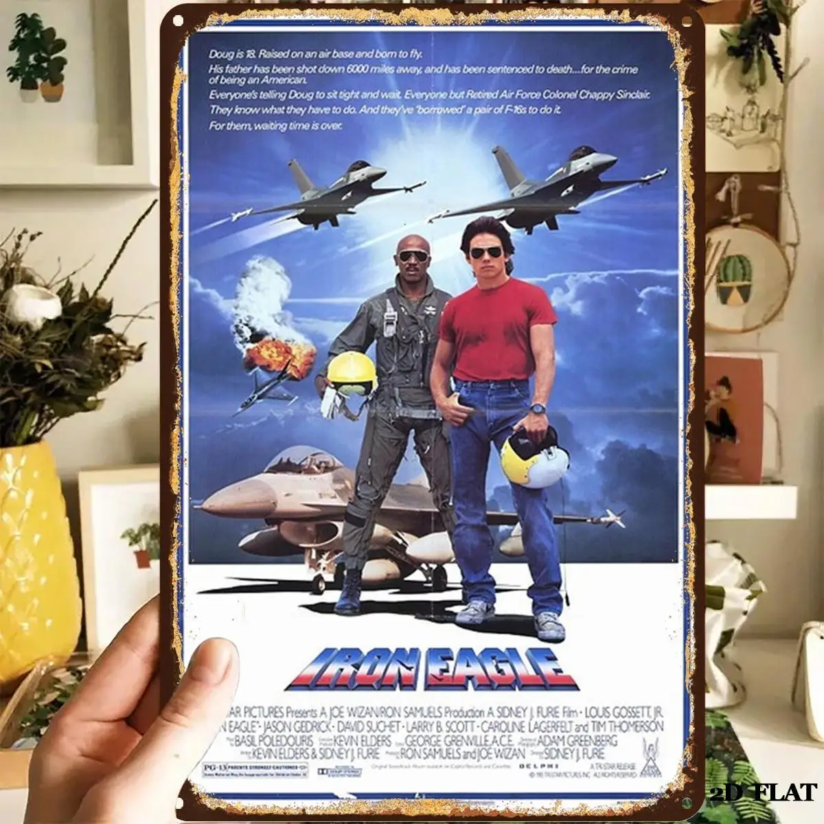 Vintage Iron Eagle Movie Poster - Featuring Casey Ryback & Antoine, Fighter Jets Battle Scene - Metallic Tin-like Finish - Pre-