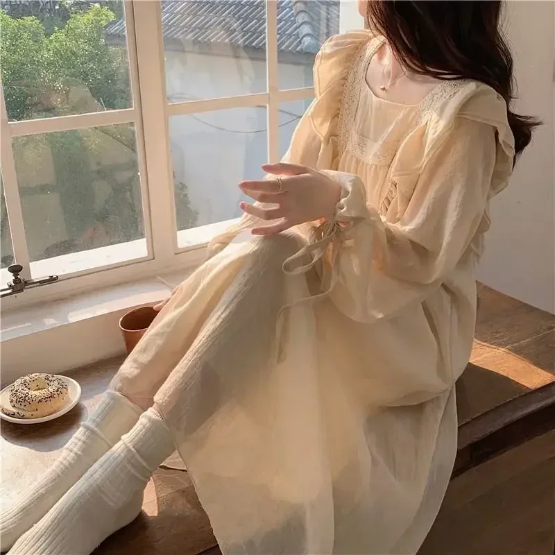 Ruffles Nightgown Sleepwear Women Korean Night Dress Solid Spring One Piece Pajamas Long Sleeve Square Collar Home Wear 2024 New