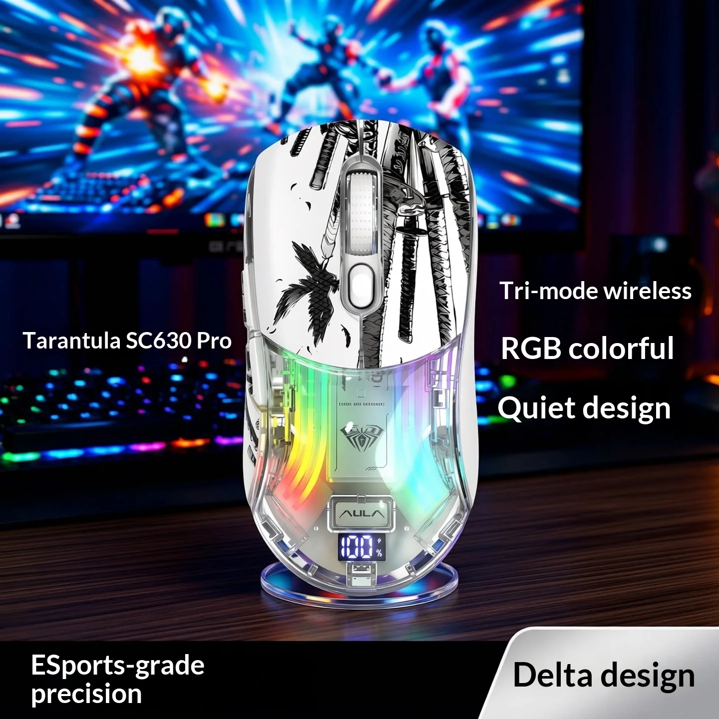 

Беспроводная игровая мышь AULA SC630 Pro с тремя режимами подключения, RGB-подсветкой, бесшумная, с прозрачной зарядной док-станцией, дизайн Delta, высокая точность для геймеров