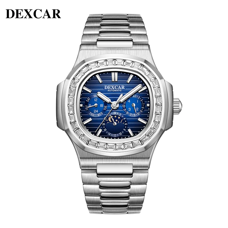 DEXCAR Men\'s Watches Luxury Zircon bezel Automatic Watch For Men Multifunctional Moon phase Mechanical Wrist watch Men 2024 New