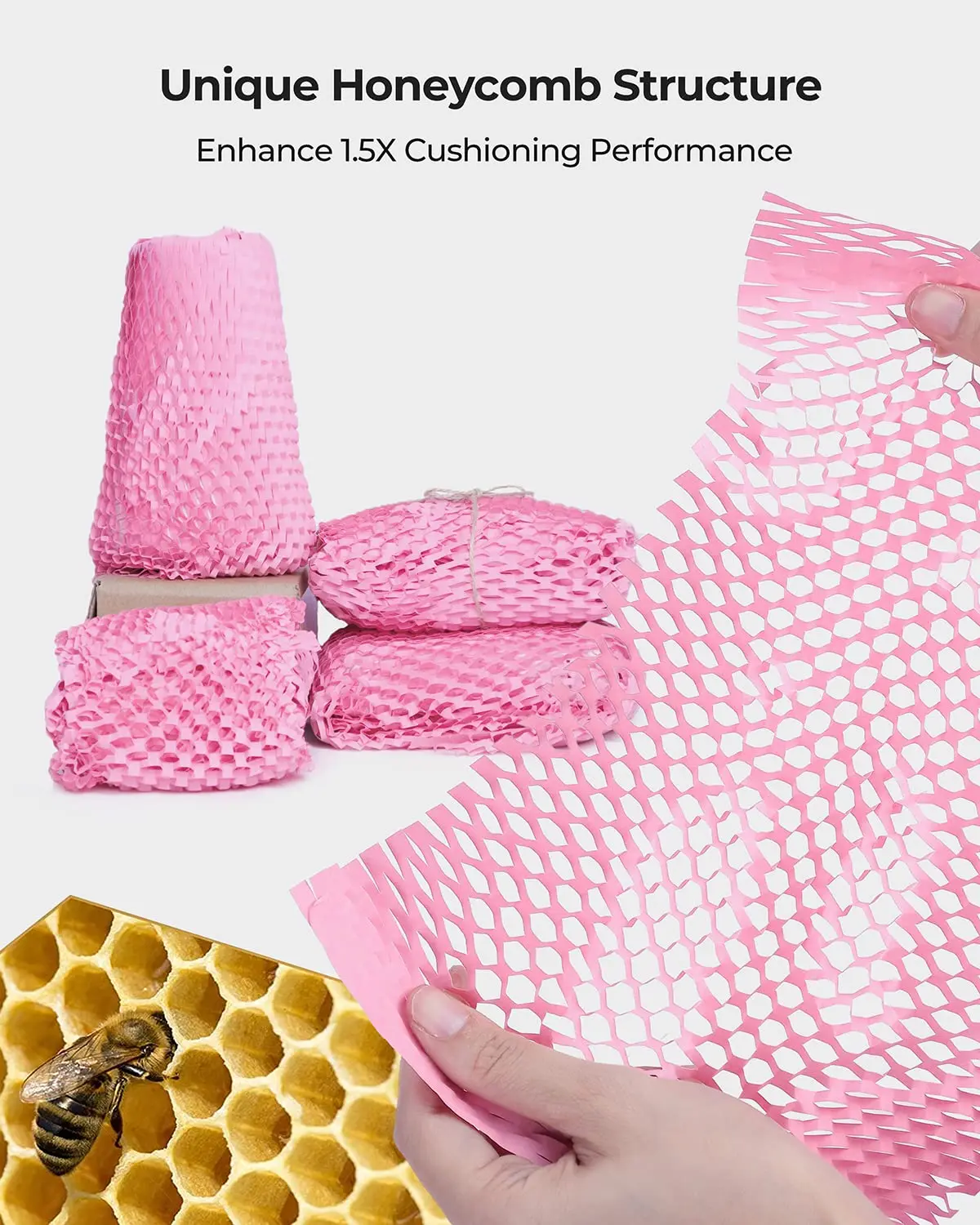 Pink Packaging Paper Honeycomb Cushioning Roll Perforated-Packing Recycled Cushion Wrapping Roll Eco Friendly Moving Green Wrap