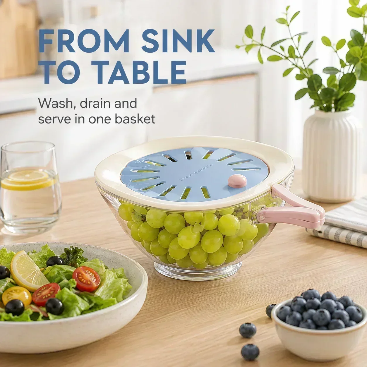 2-in-1 Colander Bowl Set, Double Layer Vegetable Fruit Washing Basin with Drain Basket and Lid, Kitchen Storage 8.