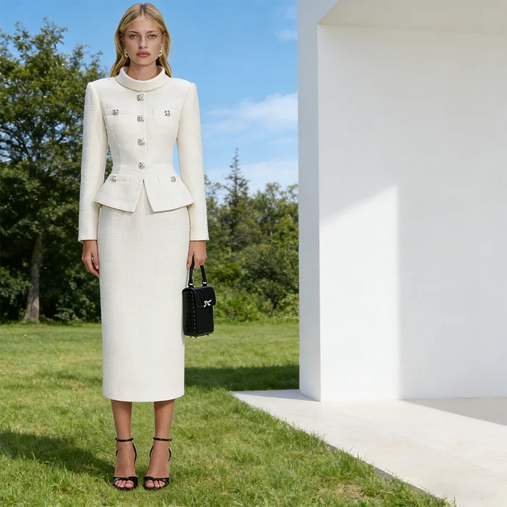 

Fashion Two Piece with Button Formal Occasion Evening Dresses Full Sleeves Straight Knee Length Prom Gown Celebrity Dresses