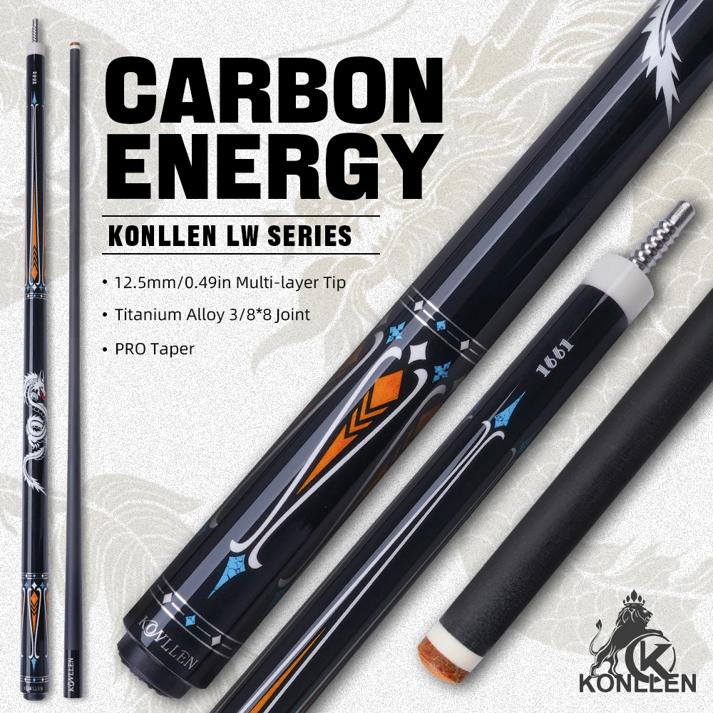 

Кий KONLLEN 10YF с наконечником 11,8/12,5 мм, профессиональные бильярдные кии, вал из углеродного волокна, настоящая инкрустация, бильярдный кий