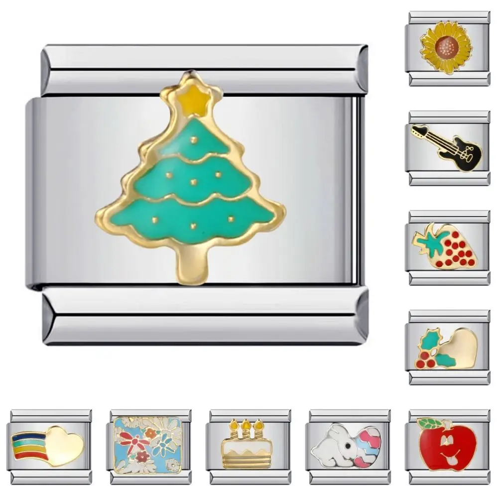 Abalorio italiano de acero inoxidable, 2 piezas, eslabones de girasol hechos a mano, fabricación de joyas, piezas de pulsera de árbol de Navidad para niños y niñas