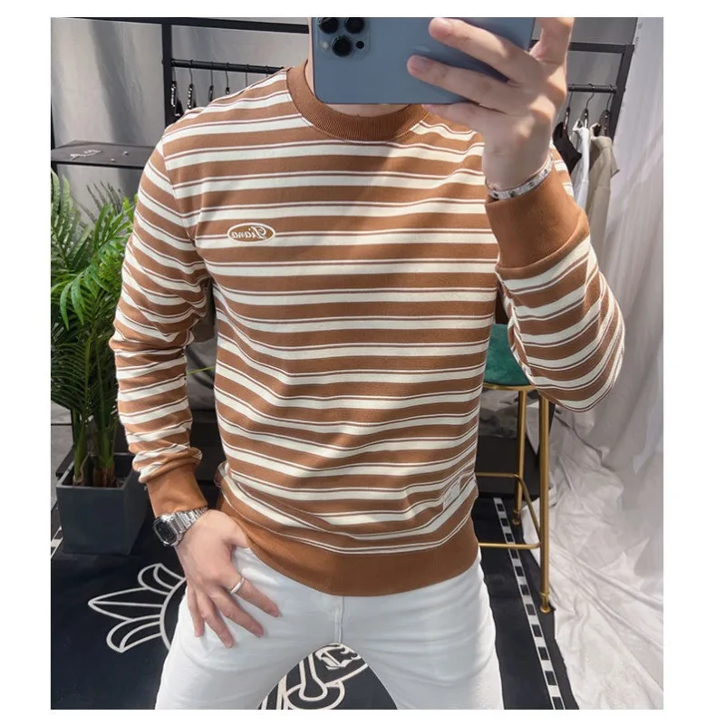 2025 New Autumn Fashion Trend Men's Long-sleeved T-shirt Round Neck Striped Print Slim Casual Sports Sweatshirt