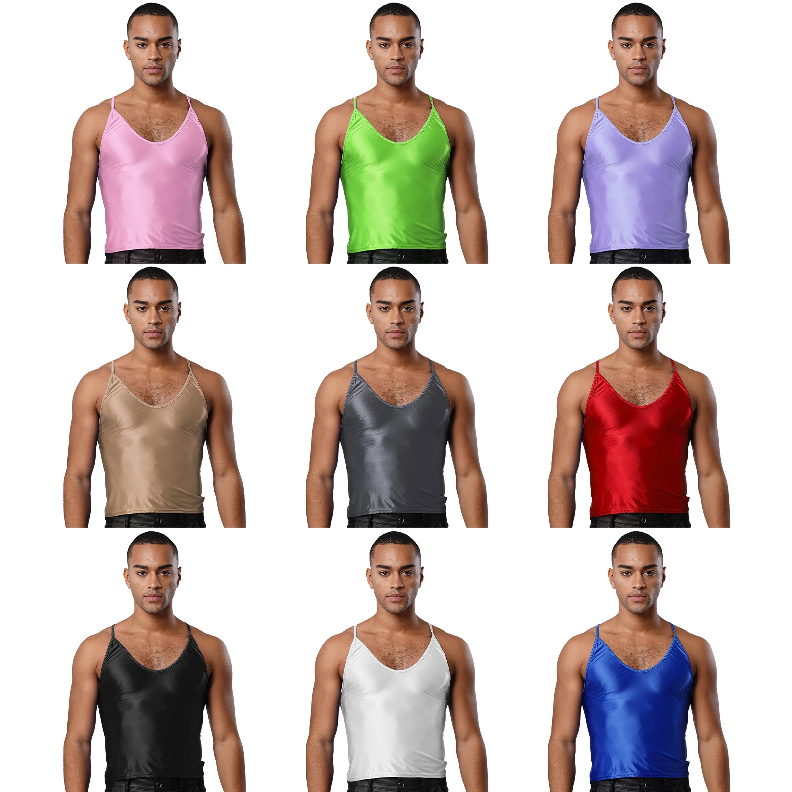 Mens Sissy Glossy Spaghetti Straps Camisole Solid Color Stretchy Scoop Neck Slim Fit Tank Top Undershirts Rave Night Club Wear