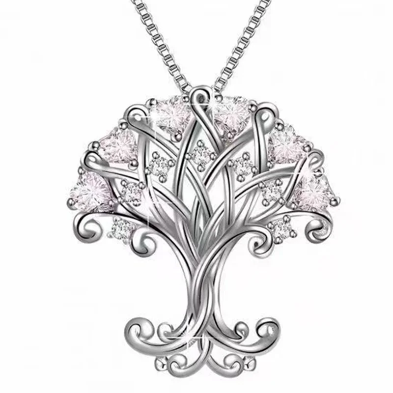 Fashion Zircon Life Tree Stainless Steel Necklace Creative Necklace for Women Luxury Jewelry Halloween Party Anniversary Gift