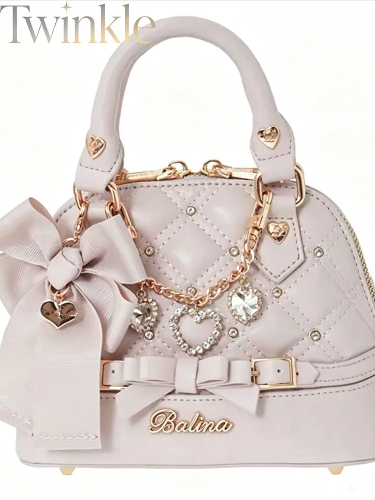Japanese Lolita Bag Kawaii Tote Shoulder Women Heart Chain Pearl Rhinestone Pink Shell Messenger Sweet Princess
