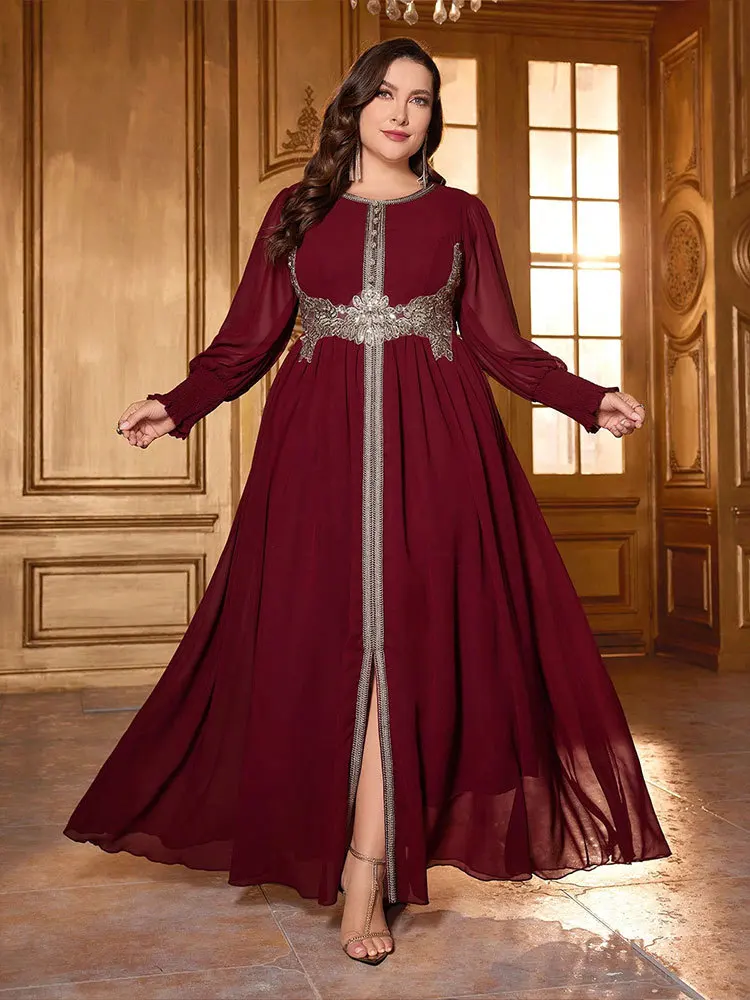 Luxury Chiffon Long Sleeve Maxi Dresses Plus Size Women Abayas Embroidery Patchwork High Waist Evening Party Dress Party Gown