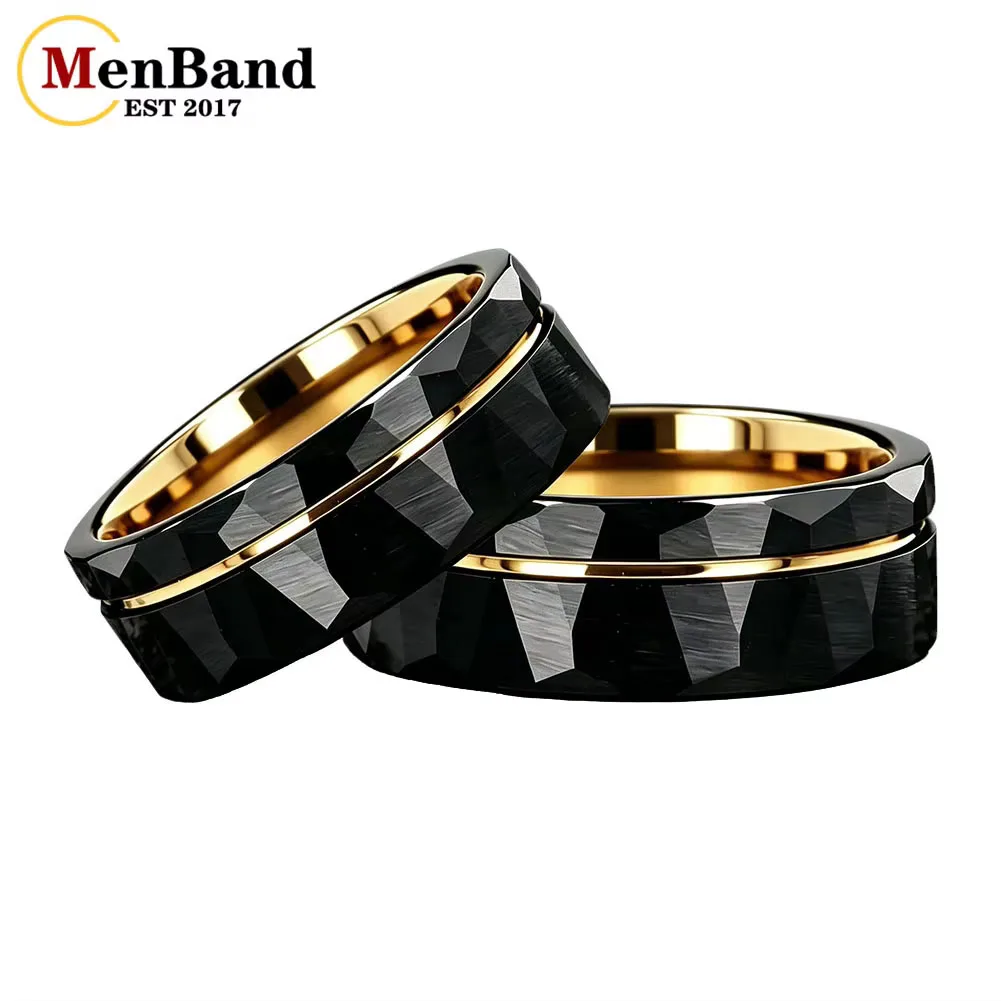 Men's 6/8mm Two Tone Tungsten Carbide Ring Gold/Blue Interior Grooved Center Hammered Faceted Brushed Wedding Band Comfort Fit