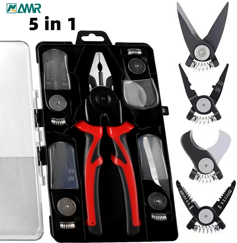 5 in 1 Multi-tool Pliers Set Quick Change Plier Head Set With Wire Cutters Scissors Cable Cutter Wire Stripper Crimping Pliers