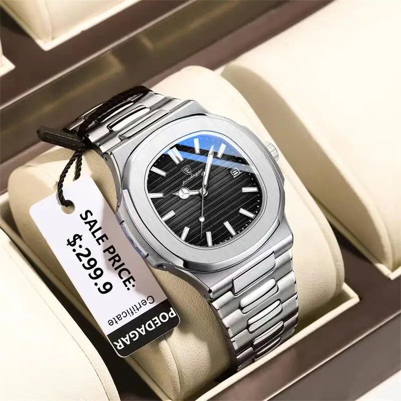 

POEDAGAR Square Luxury Men Wristwatch Waterproof Luminous Date Stainless Steel Male Clock Business Sports Quartz Watches For Men