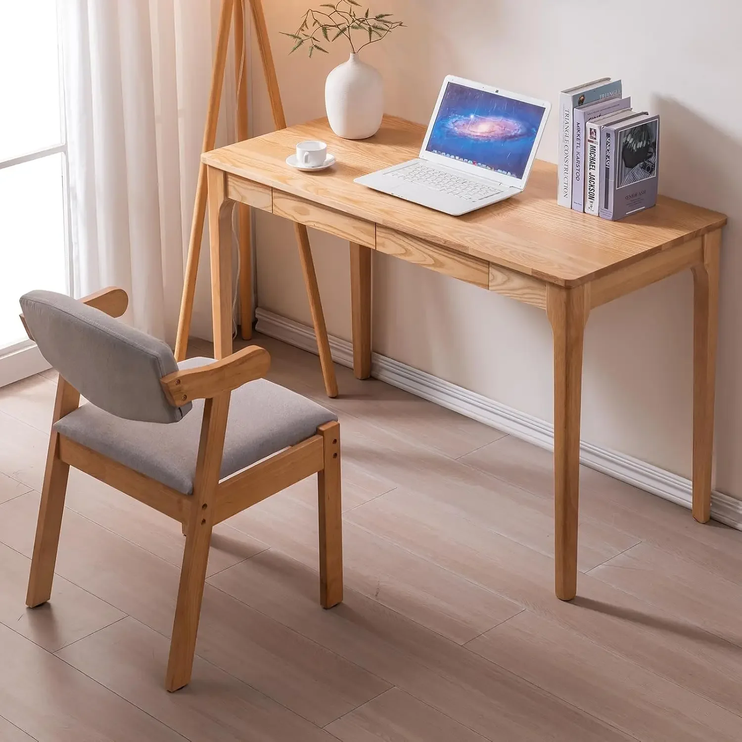 Solid Wood Desk with Drawers, Home Office Desk for Small Spaces, Gaming Work Study Desk, Student PC Desk for Bedroom, Easy to As