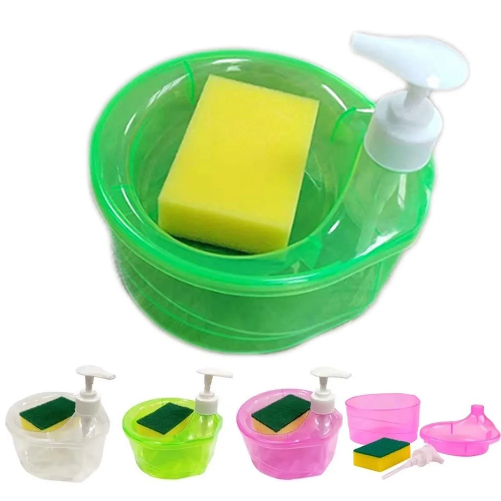 2 in 1 1000ml Soap Dispenser and Sponge Holder Durable Kitchen Use Practical Kitchen Dishwasher Pump Dispenser Press for Home