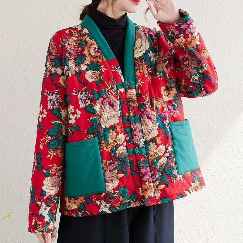 Trendy Women's Large Flowers Cotton Coat Winter Fleece Lining Loose Cotton Coat Outerwear Winter Ethnic Style Retro Cotton Coat