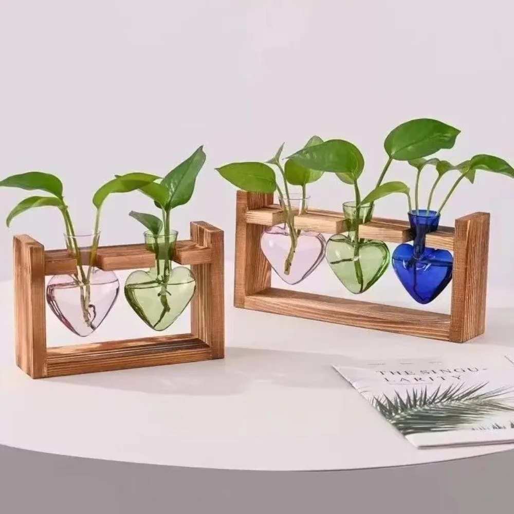 

Прозрачная стеклянная ваза в форме сердца для цветов с цветной деревянной подставкой, гидропонная ваза, элегантная настольная ваза, подарок