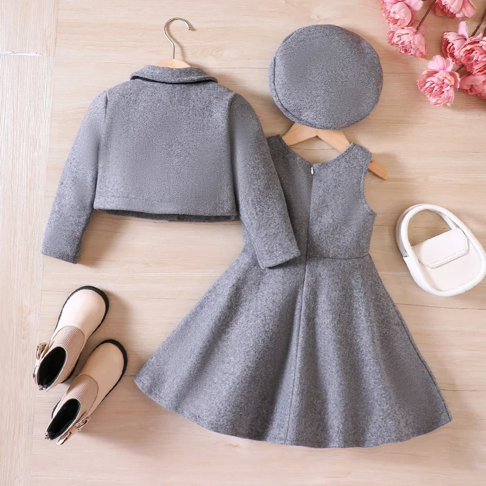 Girls' Autumn/Winter New Bow Fleece Coat+Tank Top Dress+Beret Three Piece Set