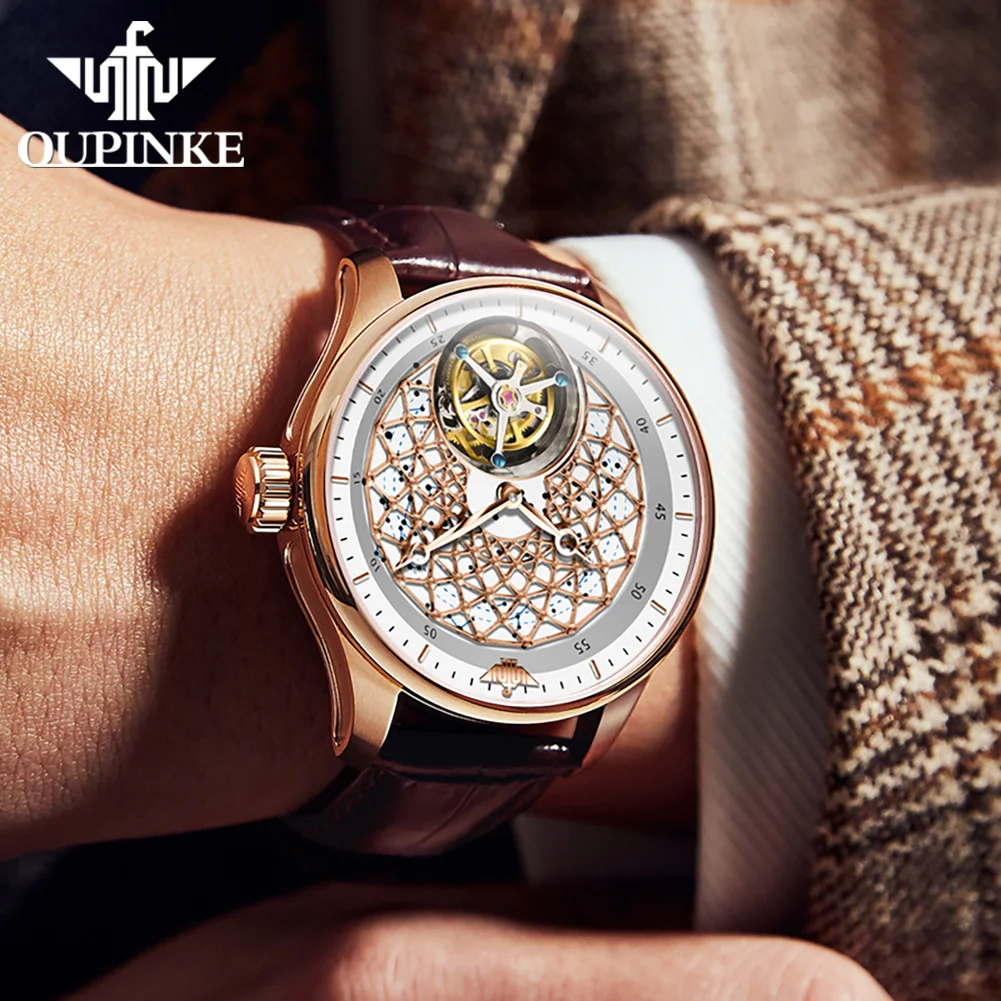 OUPINKE 8002 メンズ腕時計 自動巻き機械式トゥールビヨンウォッチ ﻿   男性用防水夜光腕時計 オリジナル高級クリスタルギフト