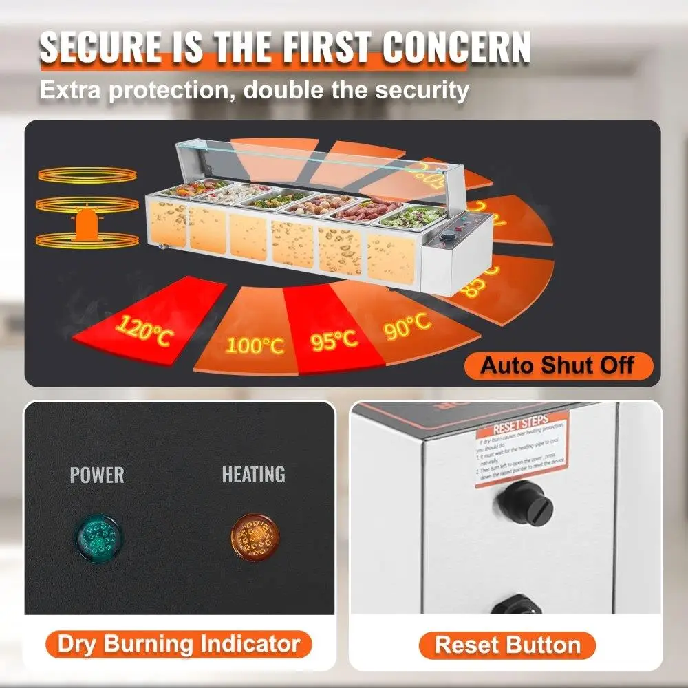 Bancada de buffet com aquecedor elétrico de 6 panelas com vidro com capacidade de 48 Qt para catering e eventos