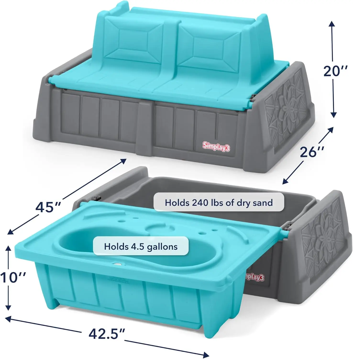 Banc de sable et d'eau pour enfants, table de sable et d'eau 2 en 1 avec banc de rangement extérieur, gris et Industries celle