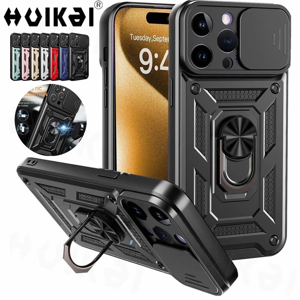 Case For iPhone 15 Pro Max 14 Pro 13 12 11 Pro Max XR XS Max 7 8 SE Slide Camera Magnetic Kickstand Armor Shockproof Phone Cover