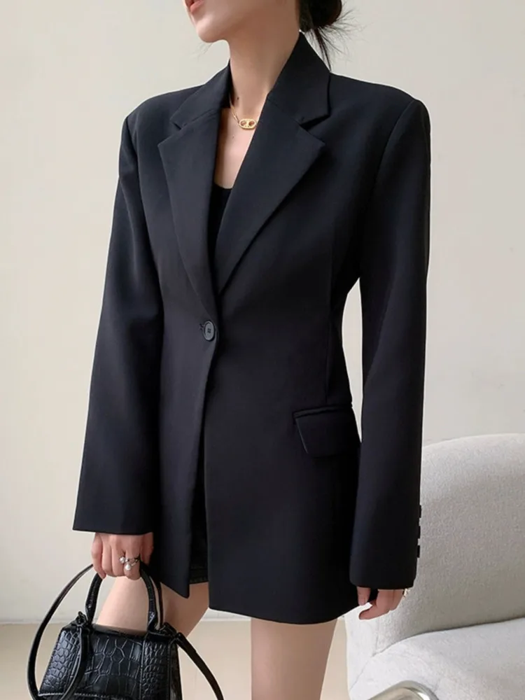 [LANMREM] Pleasted Gathered Black Blazers For Women Single Button Office Lady Jackets Fashion Coats 2024 Spring New 26D8981