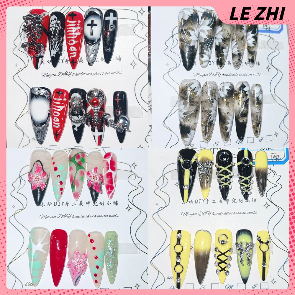 

10Pcs Y2K Dark Black Gothic Handmade Long Coffin Stilettos Wearable Fake Nail Heavy Metal Spider All Saints' Day Press On Nail