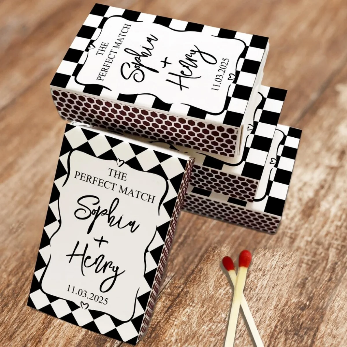 

Двусторонняя свадебная спичка с принтом и инициалами, персонализированные черно-белые клетчатые спички на память, идеальный вариант для мы