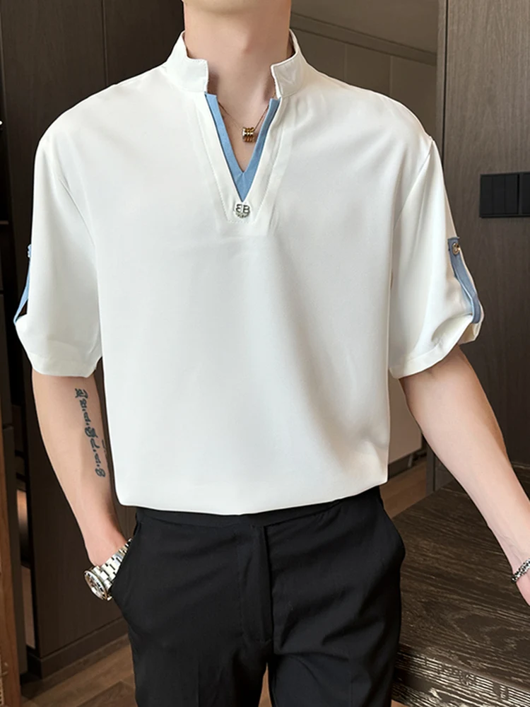 

Men's Summer Casual V-Ne ort Sve irt f Sve Faionable Patchwork Breathable Lightweight Geometric Patterned