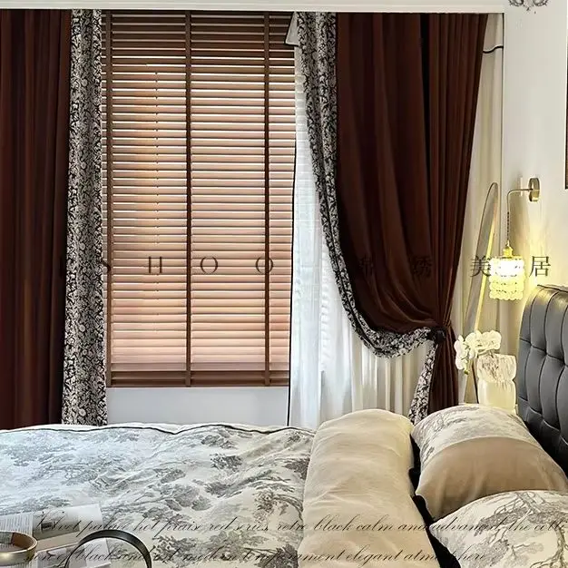 Custom Size French American Mid-century Style Red Retro Australian Wool Velvet Spliced ​​black Floral Fabric High-end Curtains