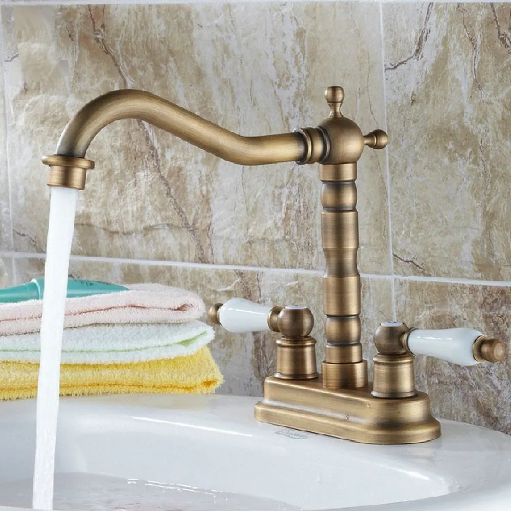 

Antique Brass Basin Faucets 2 Hole Bathroom Faucet Double Handle Mixer Tap Bath Water Kitchen Faucet Nnf259