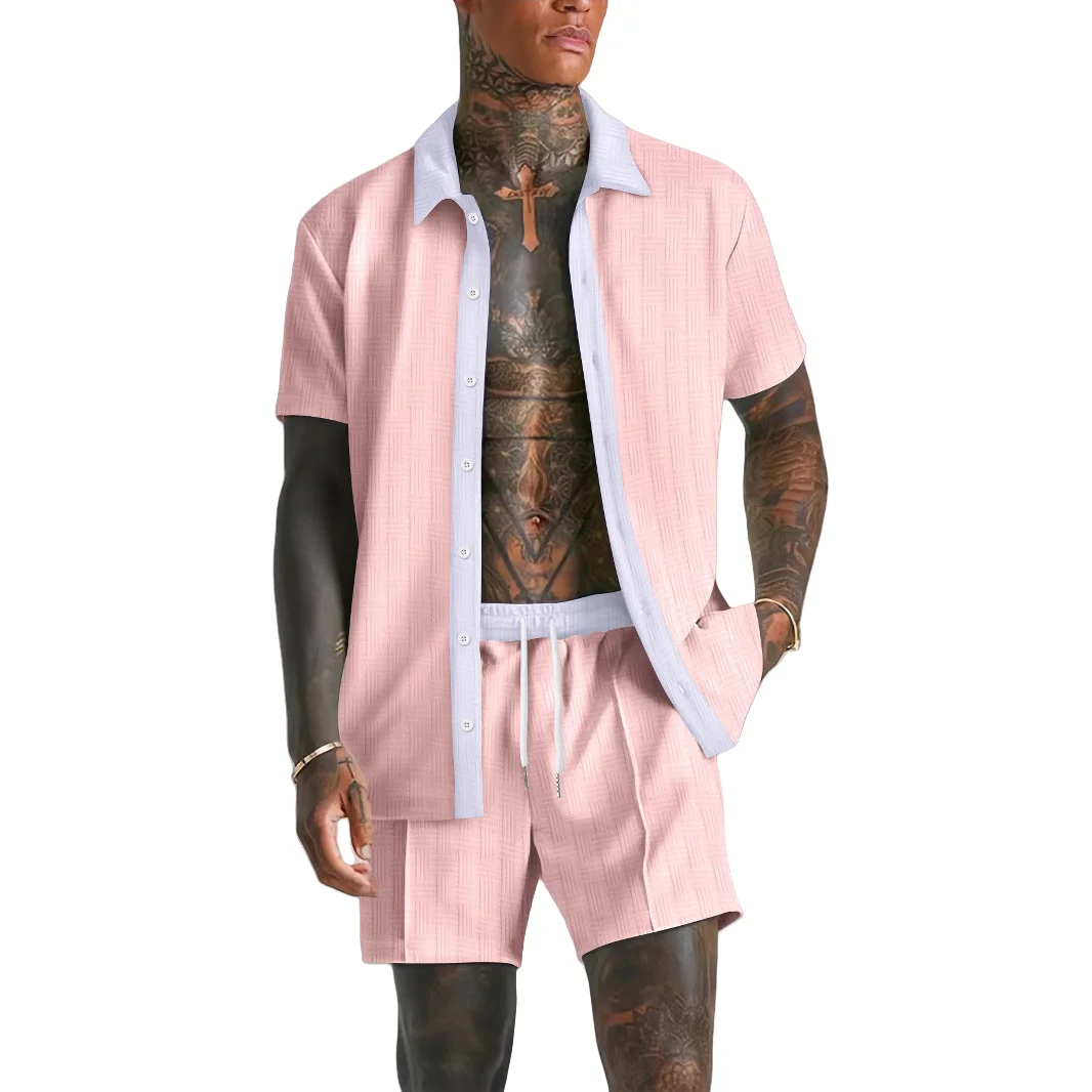Men's Summer Casual Beach Set Fashionable Comfortable Jacquard Lapel Color-Matching Sleeveless Shirt And Shorts Two-Piece Ensemb