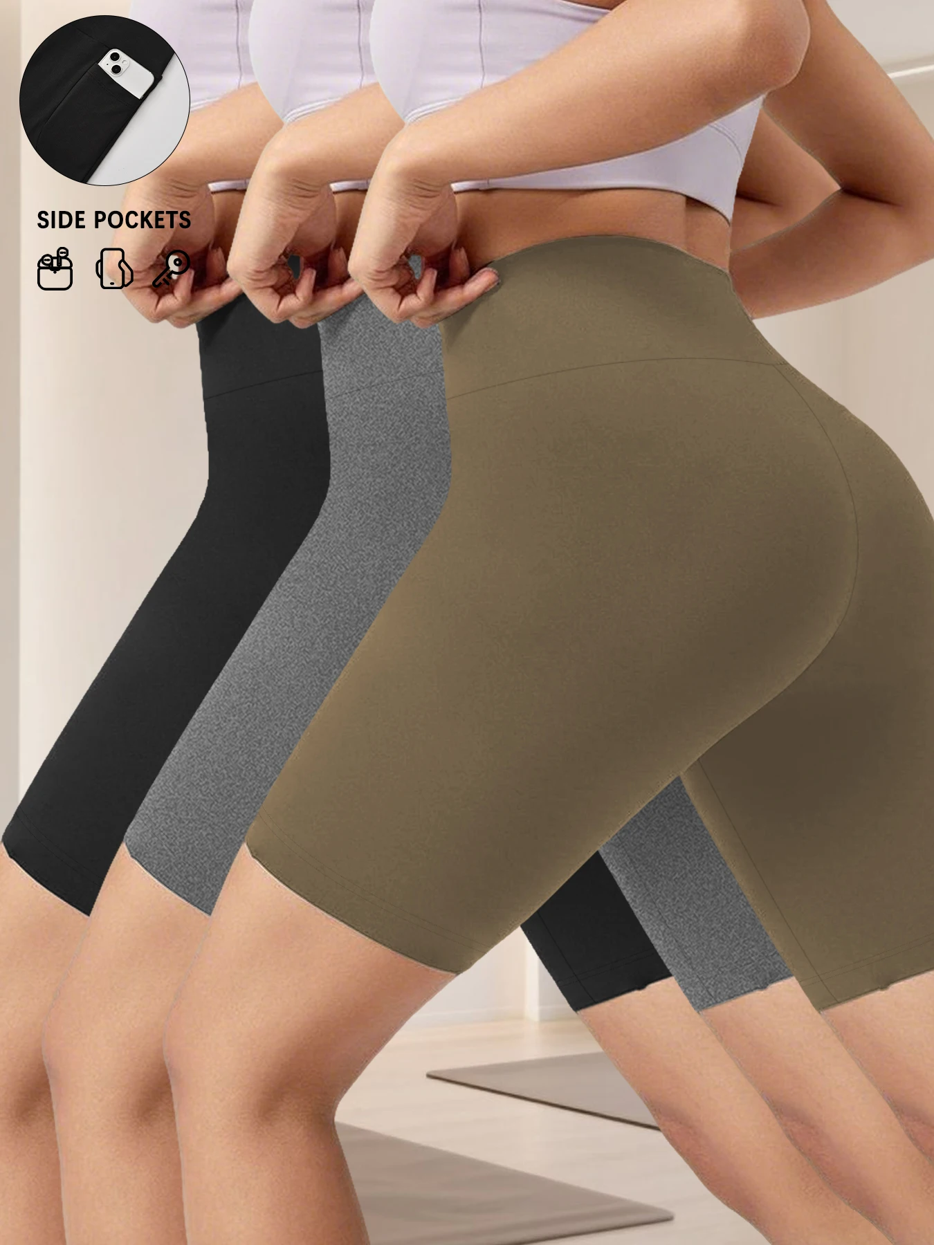 

3 шт. женских спортивных шорт с карманами. Высота талии 5 дюймов. Сверхмягкие, с эффектом утягивания живота, непрозрачные.