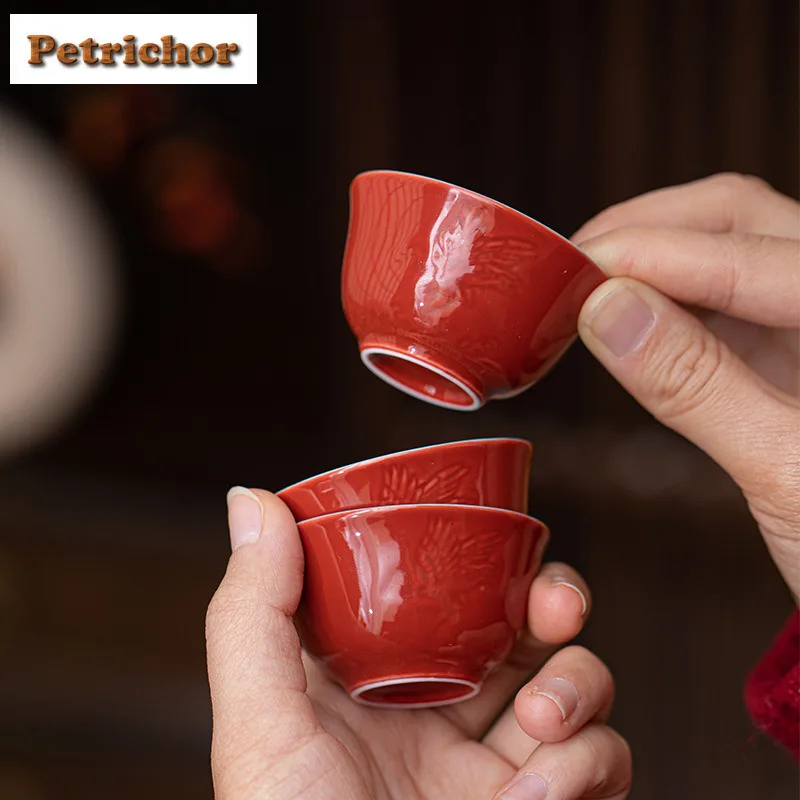 

2 шт./лот дворцовый музей, красный сосновый камень, зеленая рельефная чайная чашка с изображением Феникса, креативная чайная чаша, кувшин, чашка для запаха, чашки Chazhan Master для 40 мл