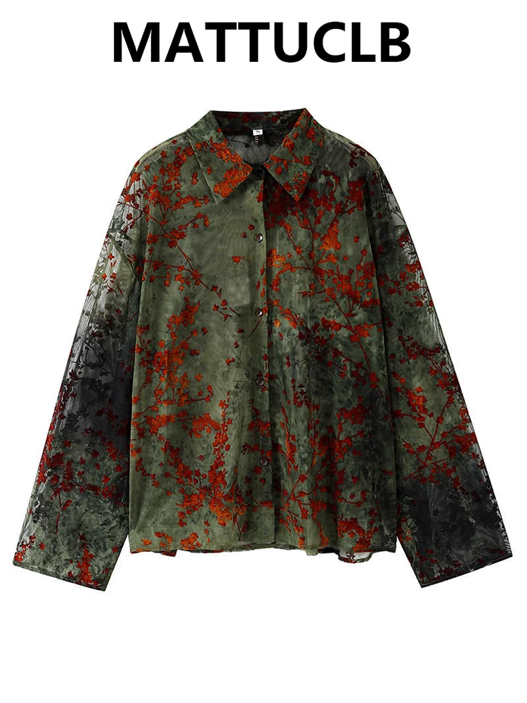 Women's Mesh Shirt French Vintage Autumn Winter Floral Pattern Top Long Sleeve Aesthetic Tide Blouse 2000s Design Old Money