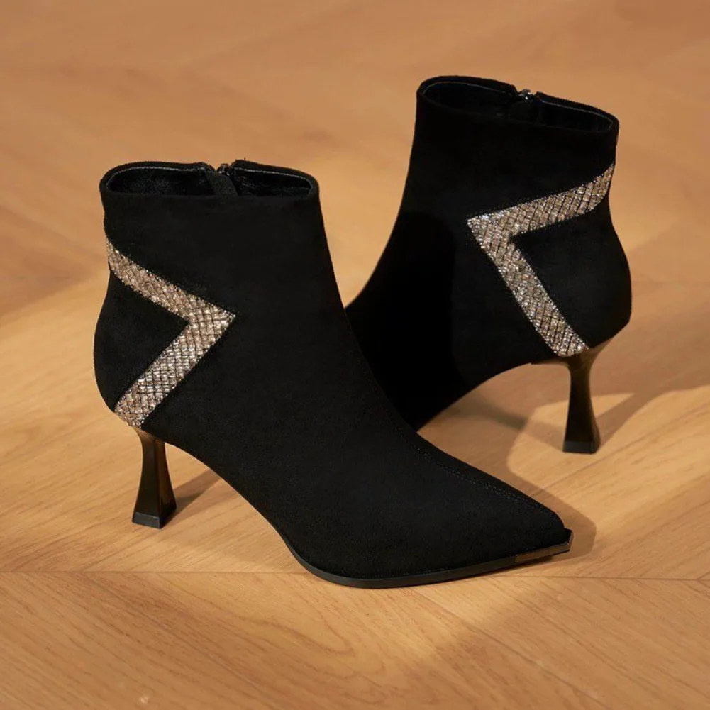 

Elegant Suede Pointed-toe High-heeled Ankle Boots Women 2025 Autumn New Style High-end Rhinestone Women's Boots Fashion Boots