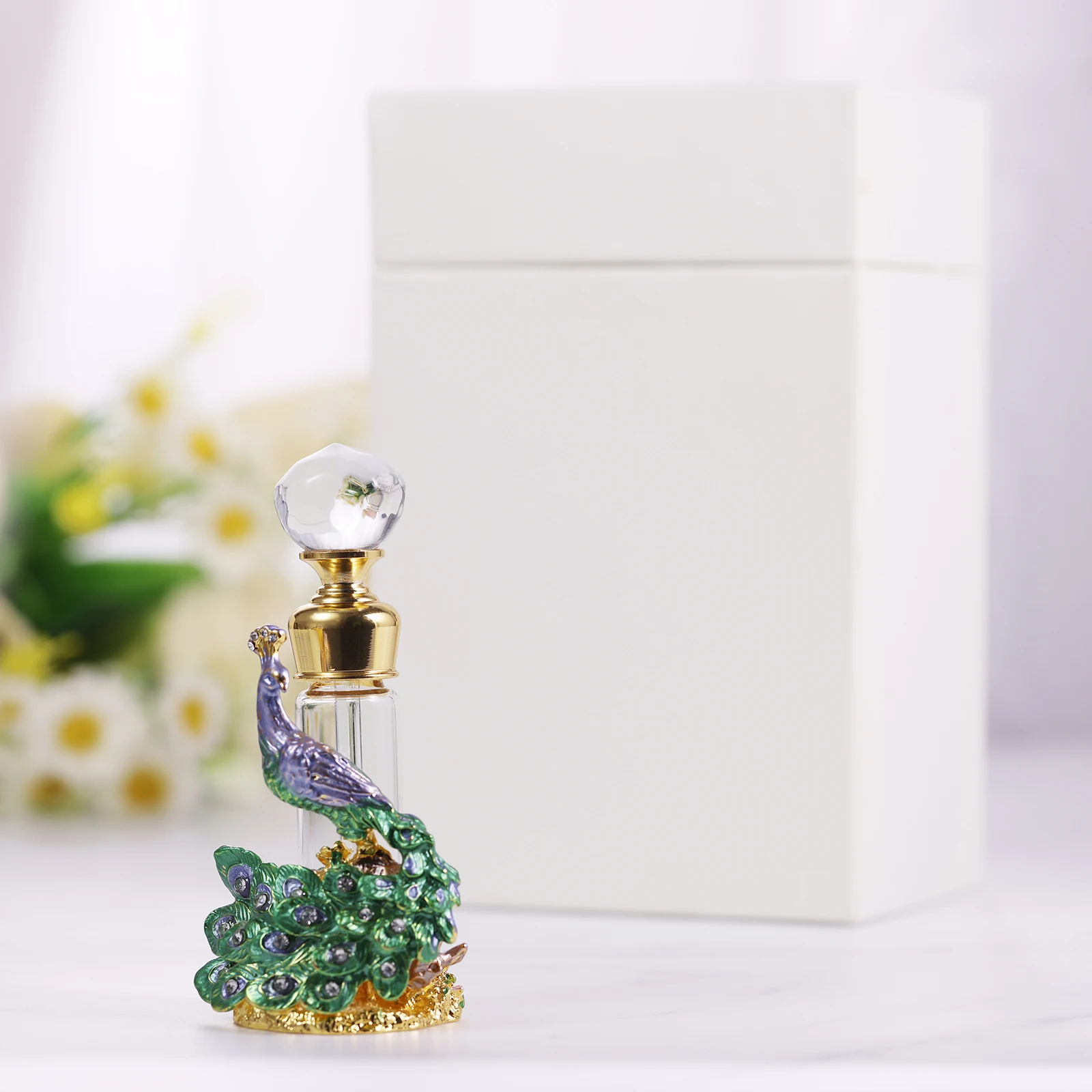 7ml 3D Peacock Mini Empty Perfume Bottle Metal Enamel Green&Gold Sculpture Diamond Cap Clear Tube Dripper Gift Box Beauty Jar