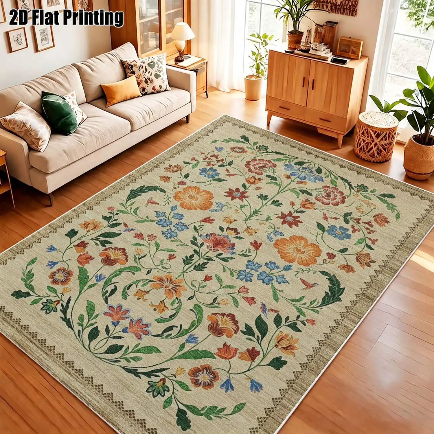 1Pc 2D Printed Velvet Floral Carpet, Vintage/European/Bohemian Style, Multi-Size, Machine Washable, for Home Decor, Entryway/Dining Room/Bedroom/Living Room Use