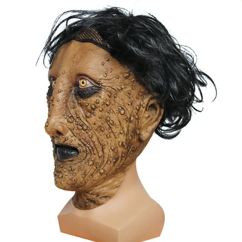 Assustador látex pockmarked máscara facial com peruca assustador vestir-se para festa de halloween realista horror masquerade masculino cosplay máscara