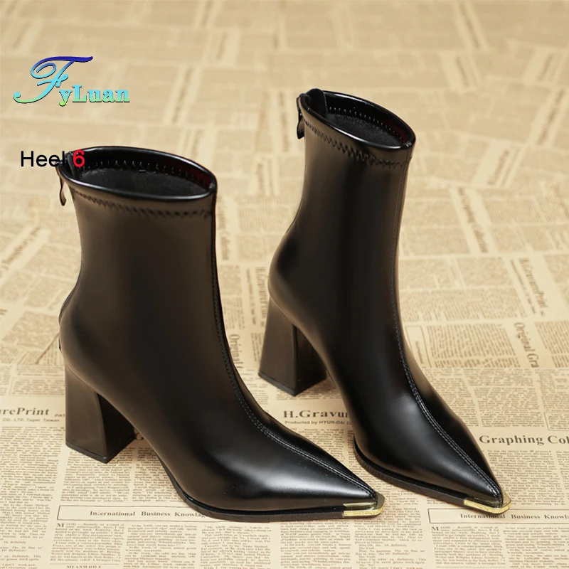 

Thick Heel Short Booties 2026 New Pointy Toe Autumn Winter Boots For Women Soft Leather Back Zipper 6CM 8CM Fashion Woman Shoes