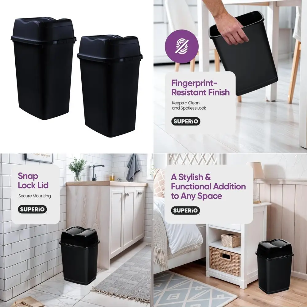 

stylish swing-top trash cans: compact, durable plastic with slim design