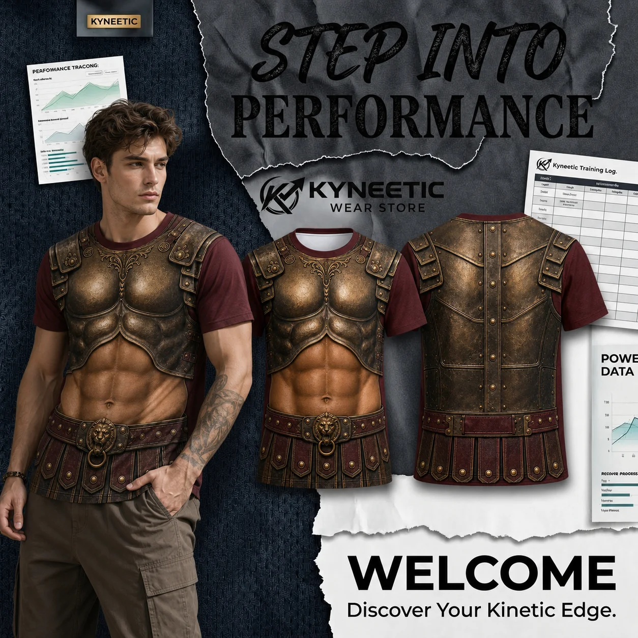 3D Muscle Armor Costume Retro Print Tee Parent-Child Halloween Cosplay Party Short Sleeve Crewneck T-Shirt Vintage Streetwears